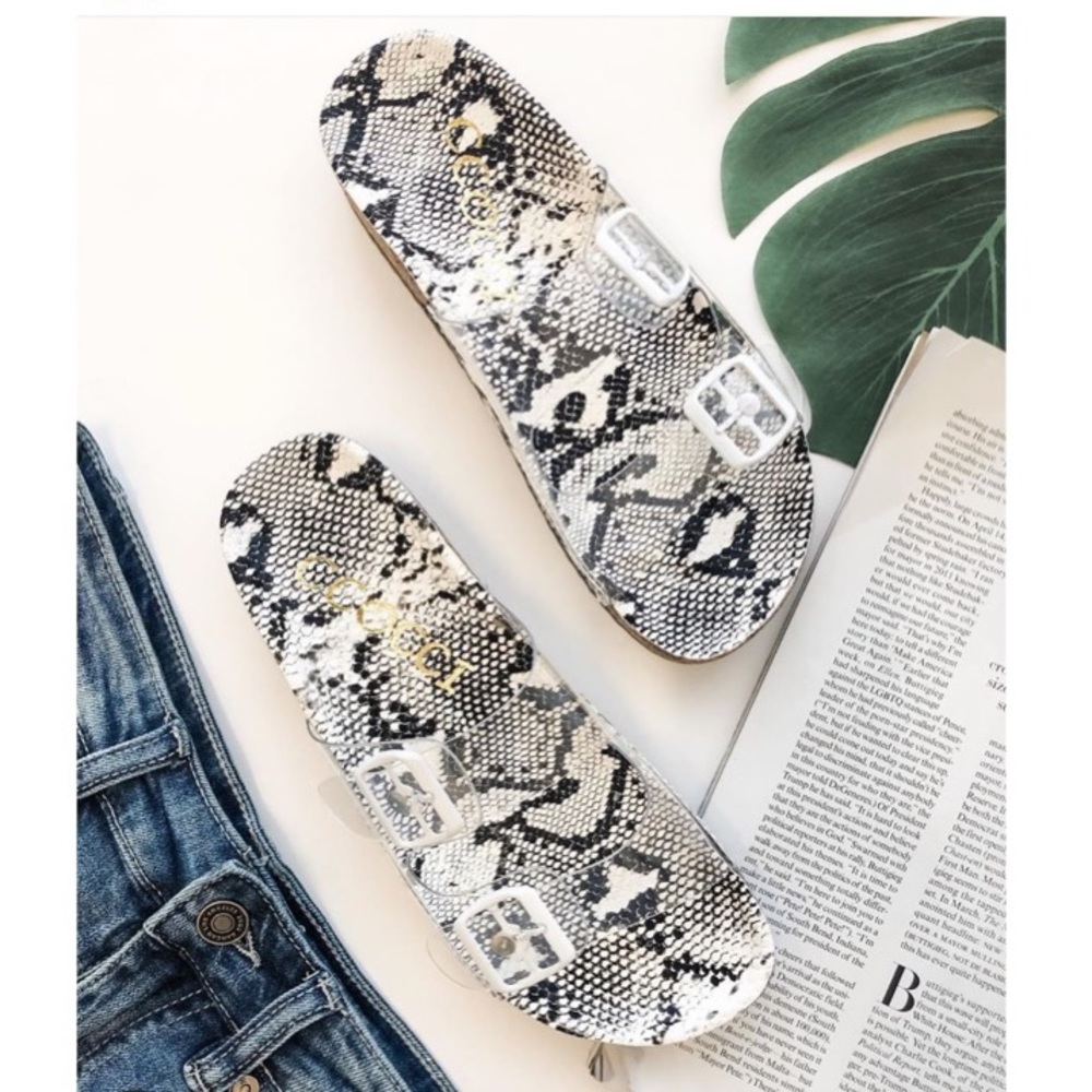 Clear Snake print slide sandals